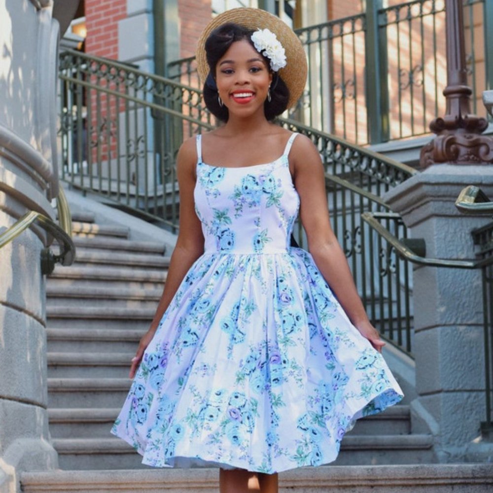 Pinup Girl Clothing Jenny Dress in Blue Roses